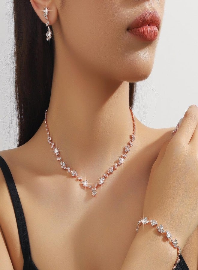 Cicod Prom Earrings Necklace Bracelet Set Elegant Crystal Necklace Earrings Bracelet Bridal Wedding Rose Gold Prom Costume Jewelry Sets for Women - Image 3